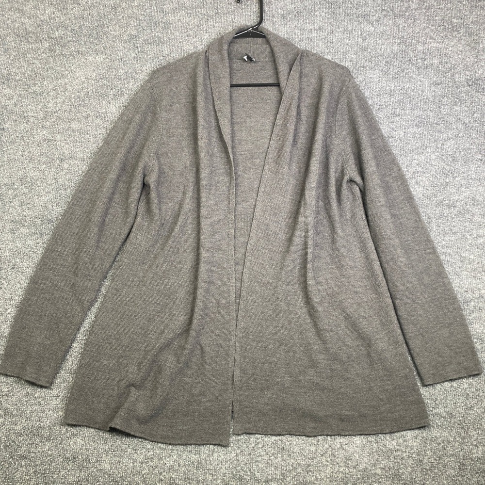 Eileen Fisher Gray 100% Wool Italian Yarn Open Front Shawl Cardigan Sweater L